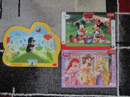 3 x puzzle-1x s krtečkem zn.dino,1xmickey+princes,