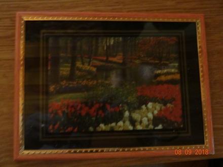 Obraz s tulipány a řekou,