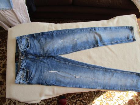 Pěkné modré elast. rifle slim - trhané, vel. s(36), 36