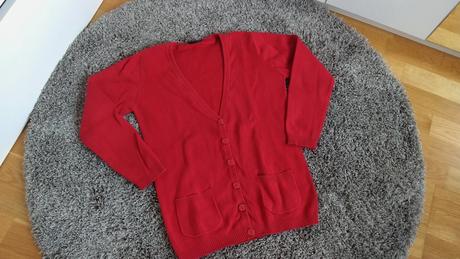 Červený propínací svetřík svetr vesta výstřih do v, next,140