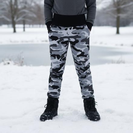 Zimní softshellové kalhoty do sněhu, maskáč/černá, 86 - 152