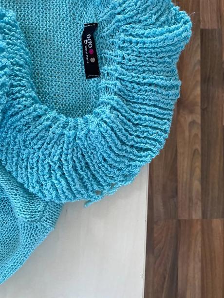 Modrý volán svetřík/bolerko, vel neuvedena cca m,, s