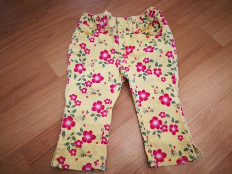 Kalhoty plátěné, žluté + malinové kytky, v. 104, dopodopo,104