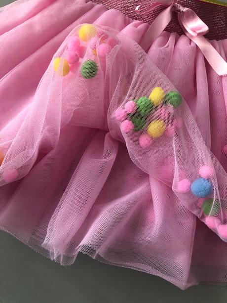 Růžová tutu sukénka mašle bambulky 3-5let, xs