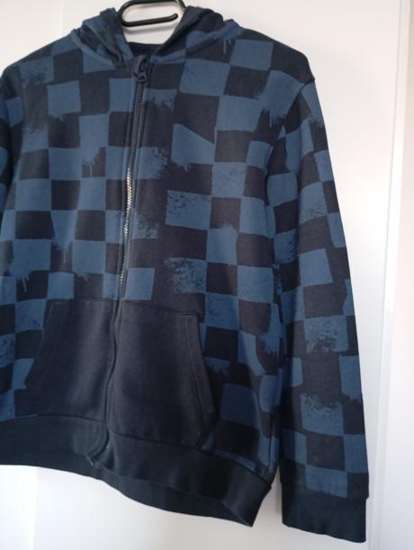 Modrá kostkovaná mikina s kapucí a kapsami, sinsay,146