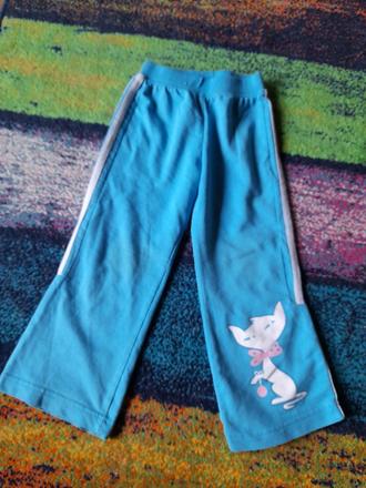 Tyrkysové tepláky s kočkou pěkné vel 98, 98