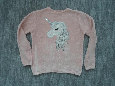 Růžový svetr svetřík s flitry a jenorožcem, primark,158
