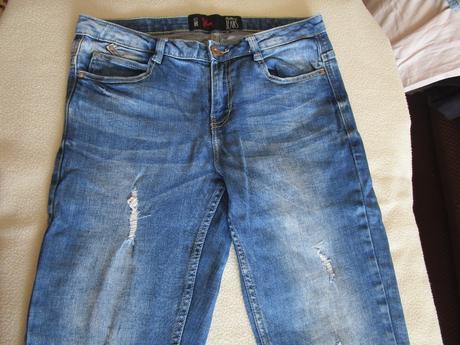 Pěkné modré elast. rifle slim - trhané, vel. s(36), 36