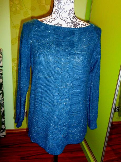 Příjemný petrolejový svetr se zlatými nitkami, f&f,l