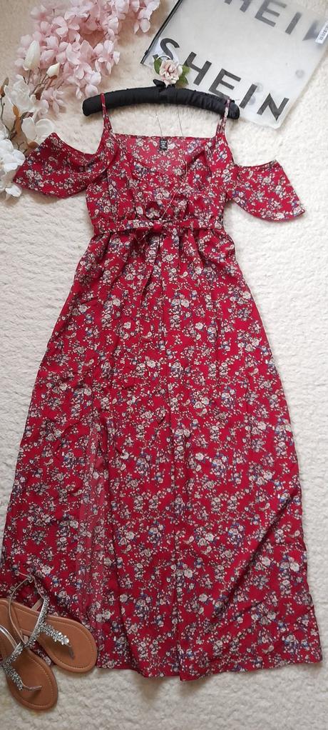 Shein vínové květinové dlouhé šaty s páskem, xl
