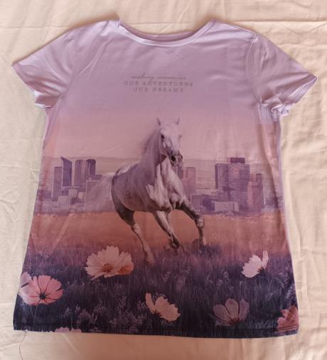 Dívčí triko fialové krátký rukáv s koněm h&m, h&m,170