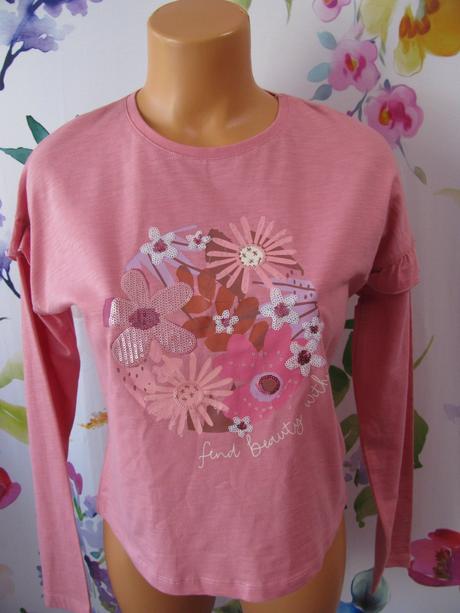 Bavlněné starorůžové tričko s flitrovými obrázky, f&f,152