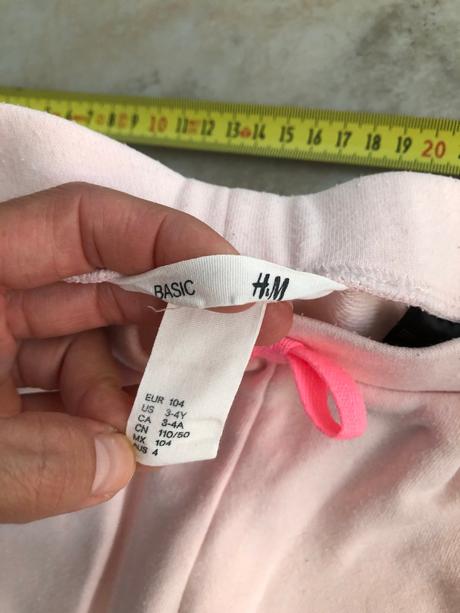 Růžové tepláčky hm srdce mašle kapsy 3-4roky 104cm, h&m,104