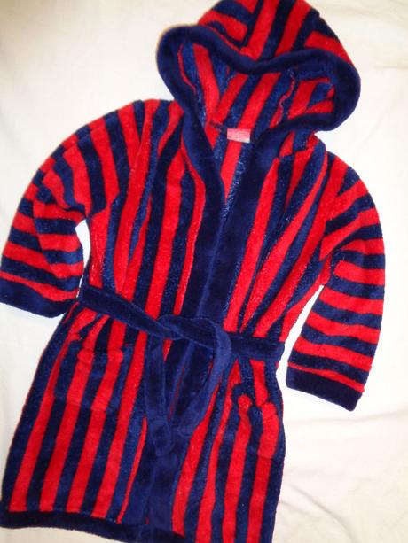 Měkoučký modročervený pruhovaný flízový župan, miniclub,104
