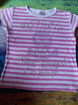 Růžové pruhované triko s lebkou pro holku, 122