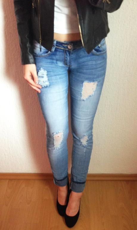 Trhané rifle s páskem, vel. xs a xl, xl / xs