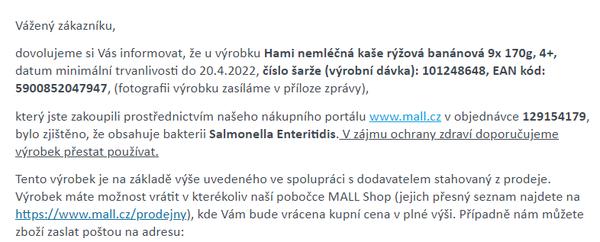 Upozornění na nebezpečí nákazy salmonelou z kaše Hami