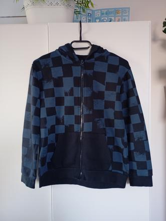 Modrá kostkovaná mikina s kapucí a kapsami, sinsay,146