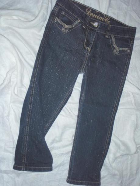 Luxusní delší riflové-stříbrné tříčtvrťáky, denim co,158