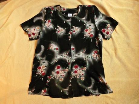 Černá květovaná halenka top šifonový košile krátký, l