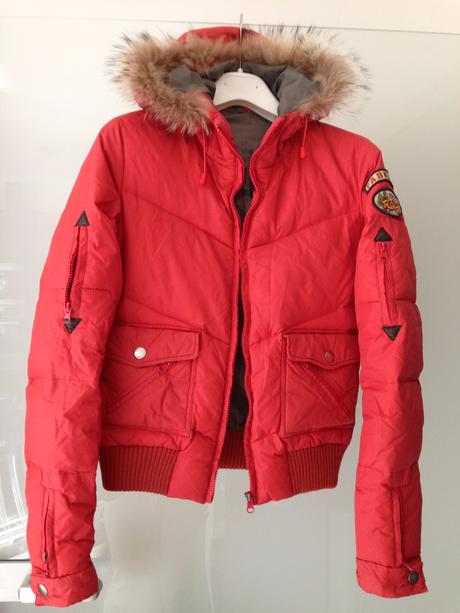 Oranžová zimní péřovová bunda kapuce vel.s-m 36-38, m