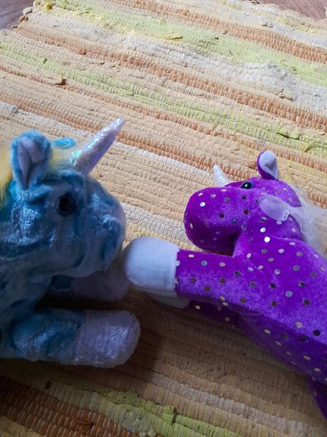 2x plyšový jednorožec modrý a fialový koník,