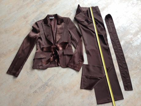 Hnědý kostým saténové sako kalhoty mašle vel.36, s, s