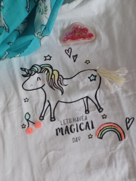 Bílé tričko s jednorožcem + kruhový šátek s jednor, topolino,128