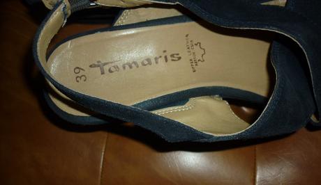 Tmavě modré kožené sandály na klínku tamaris, tamaris,39