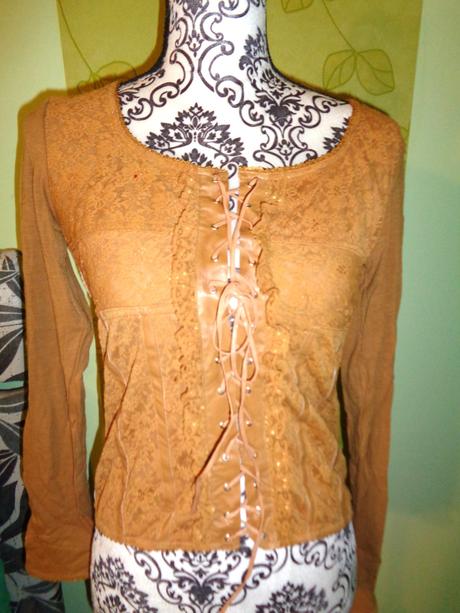 Skořicově hnědý krajkový top - elastický m/l, 38 / 40 / l / m