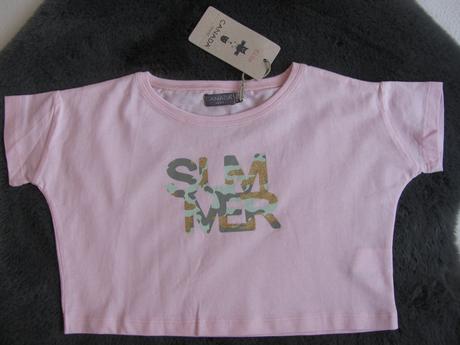 Růžové tričko se zlato zeleným nápisem crop top, house,104