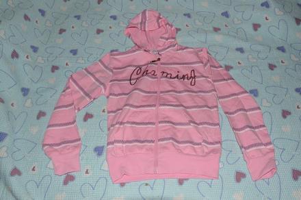 Růžová mikina s kapucí, nápis s flitry, 146