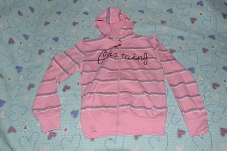 Růžová mikina s kapucí, nápis s flitry, 146