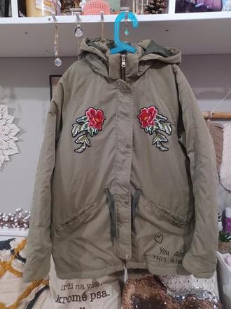 Khaki zimní parka s růžemi 170 / s-m, h&m,170