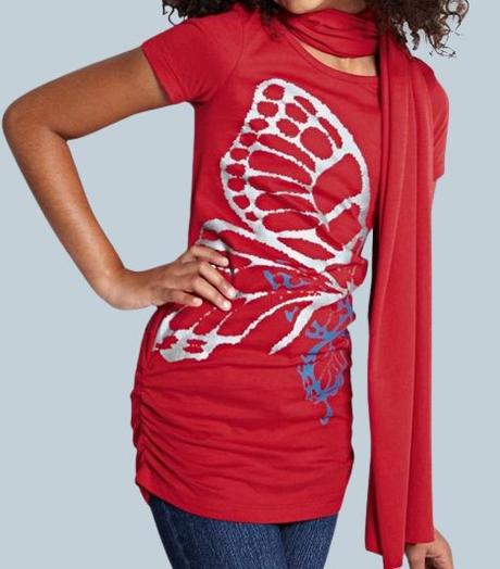 Motýlkové červené tričko tchibo + šála vel.110/116, tchibo,110 / 116