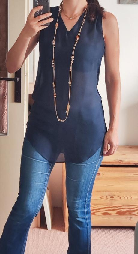 Dámský tmavomodrý dlouhý top bez rukávů vel s, bonprix,s