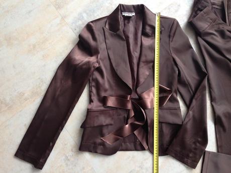Hnědý kostým saténové sako kalhoty mašle vel.36, s, s