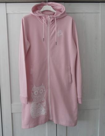 Růžová dlouhá mikina na zip s kapucí, s