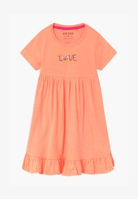 Oranžové bavlněné šaty se zlatým nápisem, 98