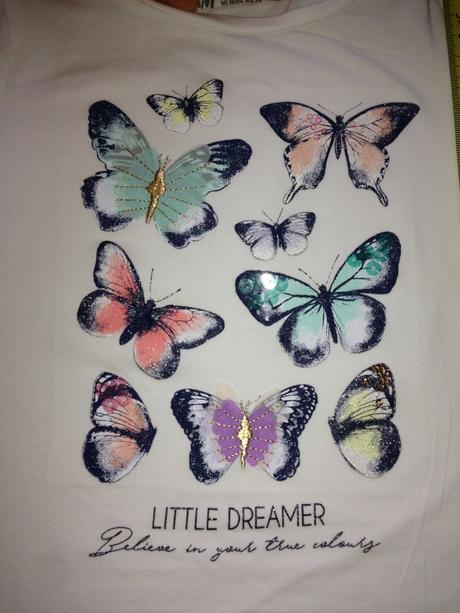 Bílé tričko 3d motýli flitry krajka hm 98cm 2-3rok, h&m,98