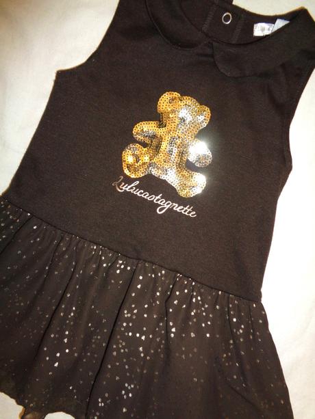 Krásné čoko hnědé šaty s flitr medvídkem, 92