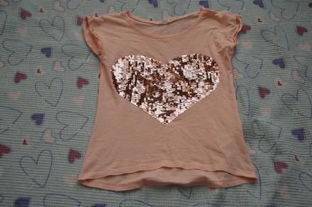 134 140 146 slabé triko s flitrovým srdcem, h&m,140