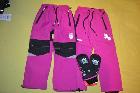 2x oteplené kalhoty,softshellové,šus.rukavice 104, 104