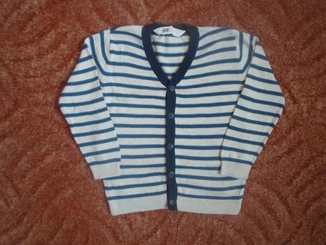 Béžový modrý pruhovan svetr svetřík vesta h&m, h&m,98