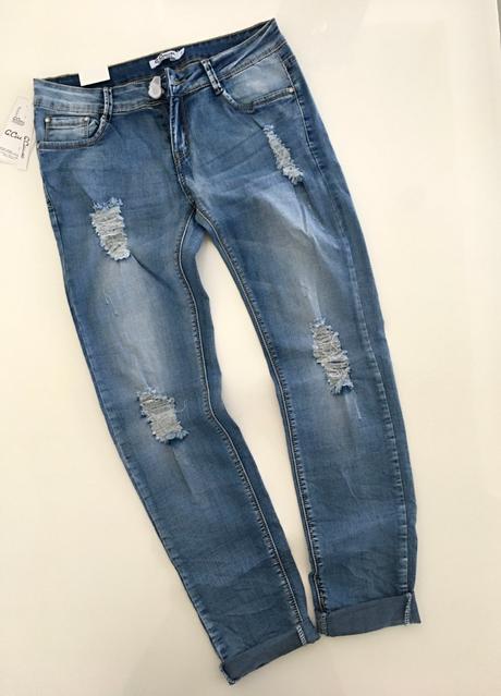 Trhané rifle s páskem, vel. xs a xl, xl / xs