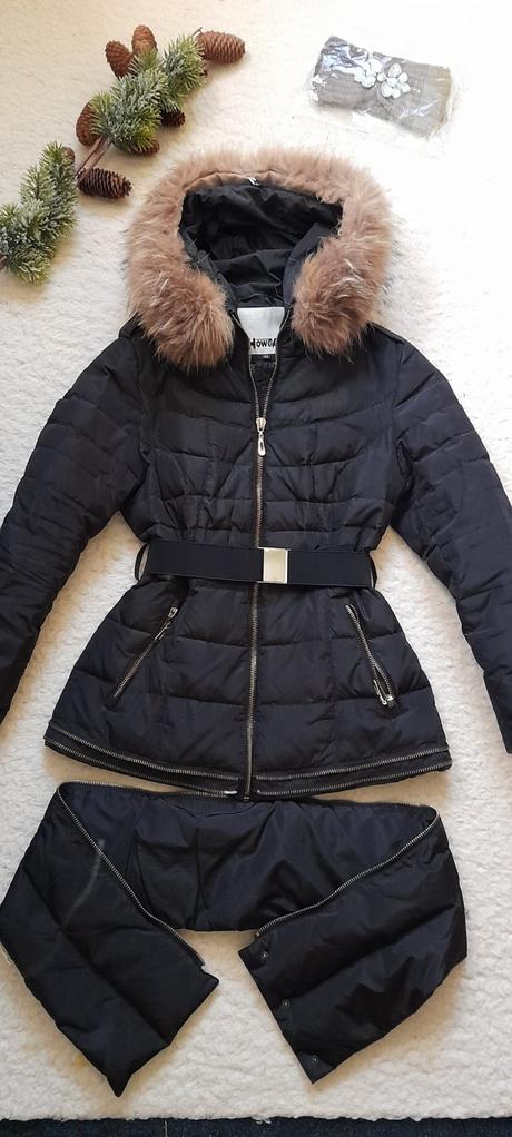 Howeer péřová bunda s páskem kapucí a kožešinou, xl