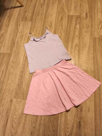 Pastelový komplet - puntíkatá sukně + lila top, h&m,140