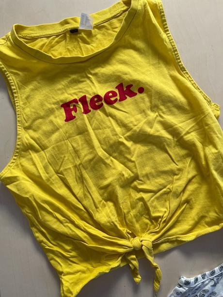 Set 2 tílek, slonícia  žlutý crop top, vel xs, gat, h&m,xs