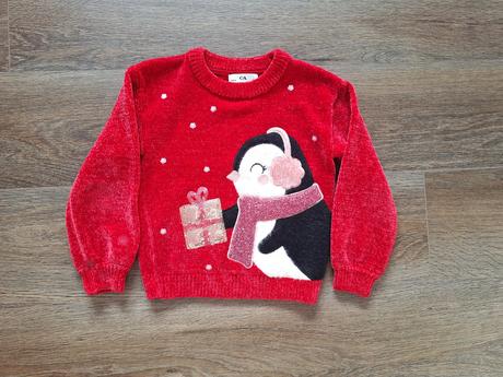 Červený svetr s tučňákem, c&a,128