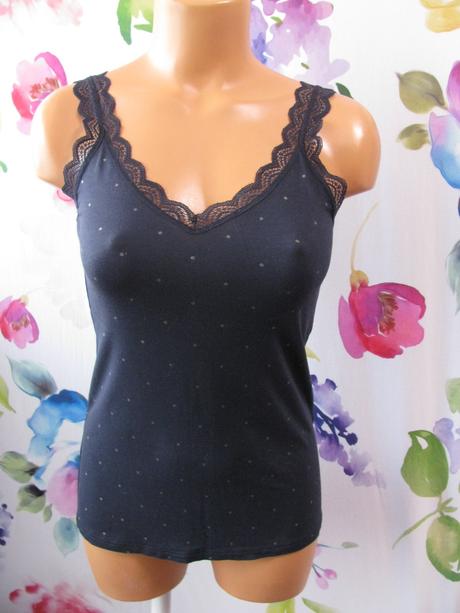 Dámské modré tílko s krajkou a drobným vzorem, tchibo,s